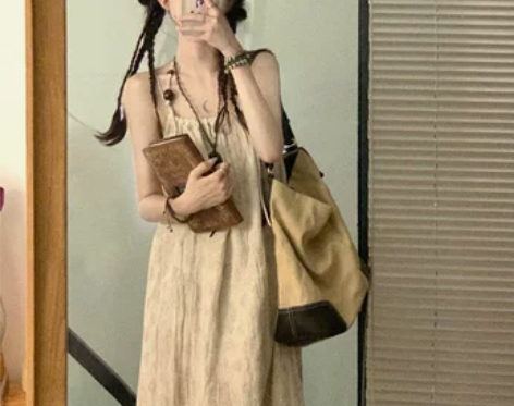 原宿风吊带连衣裙女夏季新中式复古文艺提花棉...