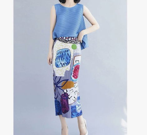 三宅褶皱2022新款夏季百搭高腰开叉半身裙...