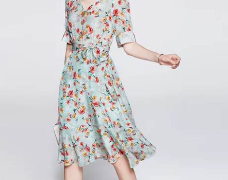 碎花裙法式时尚v领小个子气质高级感桑蚕丝真...