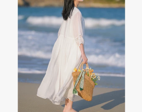 2023新款白色苎麻仙气飘逸气质棉麻连衣裙...