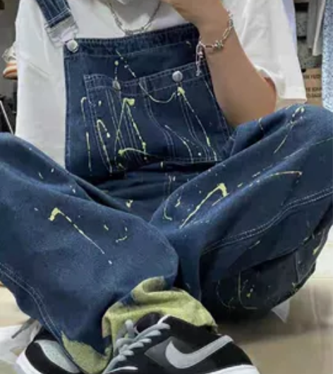 出泼墨牛仔背带裤子女春季新款ins潮美式h...