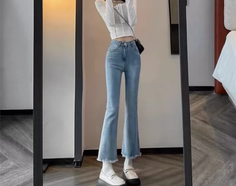 毛边微喇牛仔裤女春秋2023年新款小个子高...