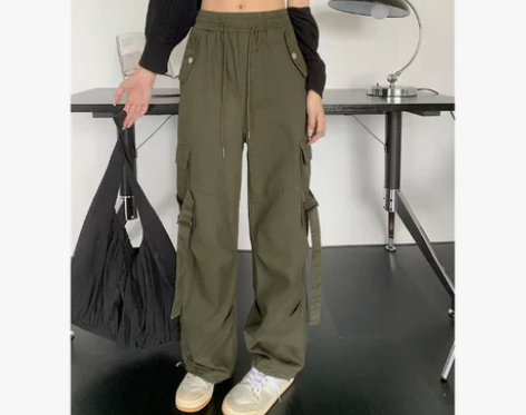 大码美式复古军绿色工装裤胖妹妹韩版高腰宽松...