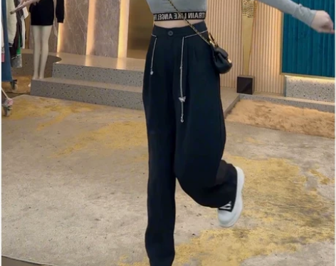 设计感钢链条高腰西装裤女2022年夏季新款...