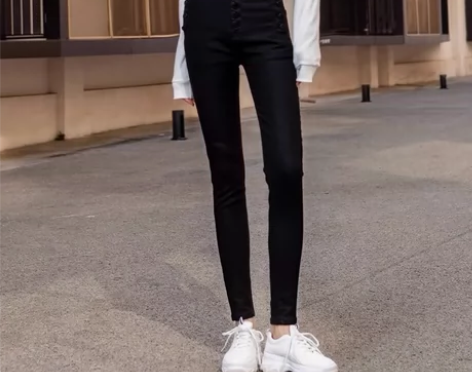 JB涂层高腰牛仔裤女九分黑色显瘦紧身弹力小...