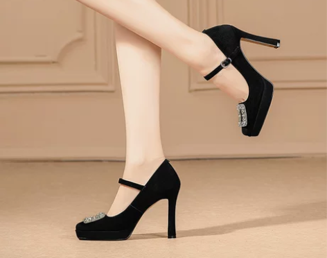 防水台单鞋 防水台水钻磨砂真皮一字带高跟鞋...