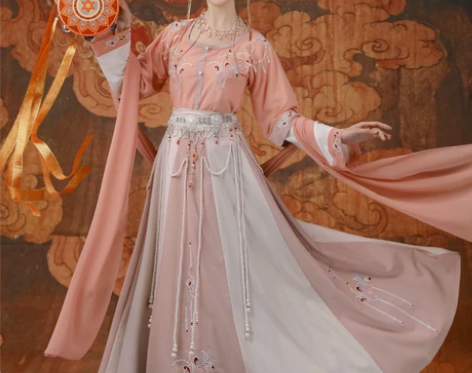 汉服女坦领三件套半臂齐腰刺绣春秋夏季套装粉...