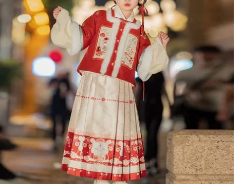 女童汉服拜年服春装儿童马面裙外套加厚新年红...