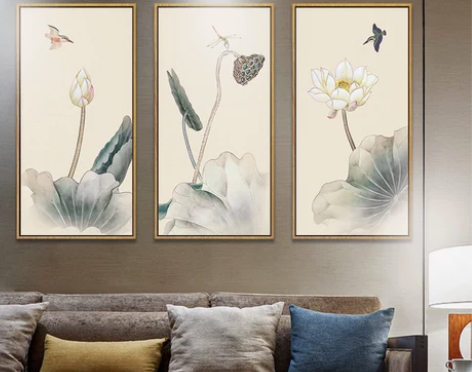 【1212价】新中式客厅装饰画三联水墨画荷...