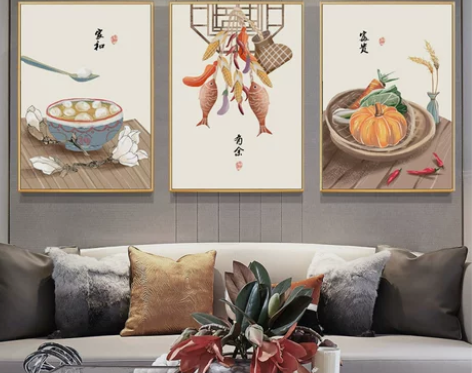 新中式餐厅装饰画客厅沙发背景墙面中国风三联...