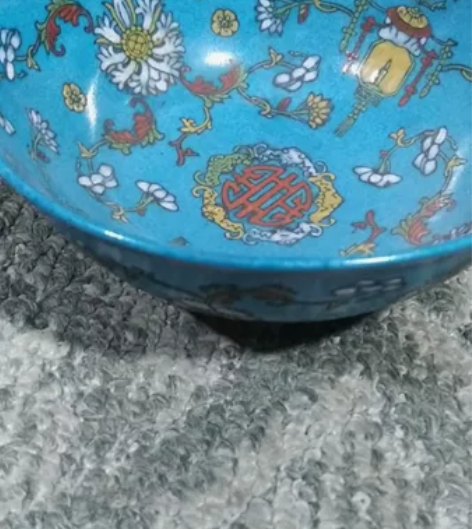 草原上牧区收来的。手绘蓝釉珐琅彩老瓷碗 画...