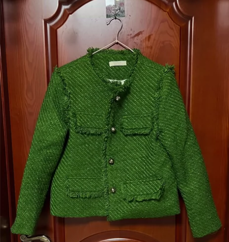 Fashion小香风款深绿色羊毛薄羽绒服S...