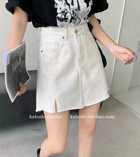 牛仔裙 夏半身裙 白色开叉高腰A字短裙 颜...