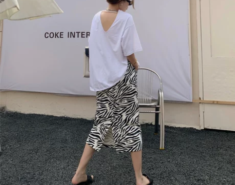夏季新款高腰后开叉半身裙大码修身百搭斑马条...