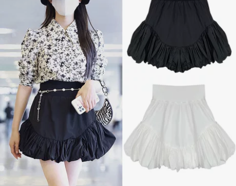 杨超越关晓彤同款黑白色高腰半身裙女夏a字蓬...