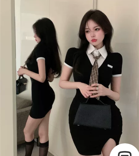 学院风短袖连衣裙女夏季假两件polo领开叉...