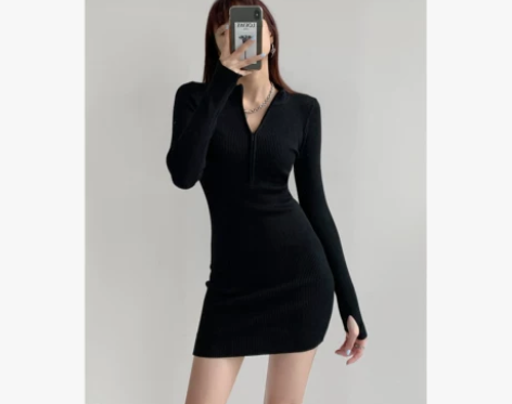 性感辣妹风拉链半高领包臀短裙女秋冬长袖针织...