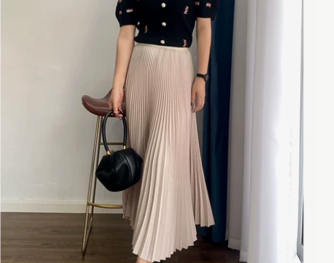 极简风重磅垂坠感显瘦大摆激光百褶风琴褶高腰...