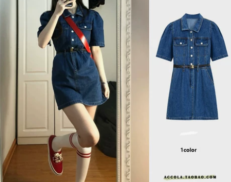 POLO牛仔连衣裙女夏泡泡短袖气质复古港风...