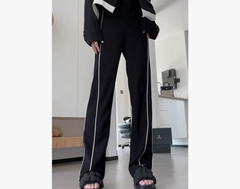 大码黑色休闲裤女设计感侧边双白线显瘦直筒裤...