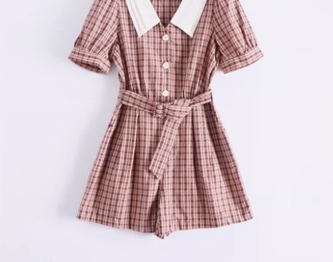 朵以拼色娃娃领收腰阔腿显瘦格子学院减龄连体...