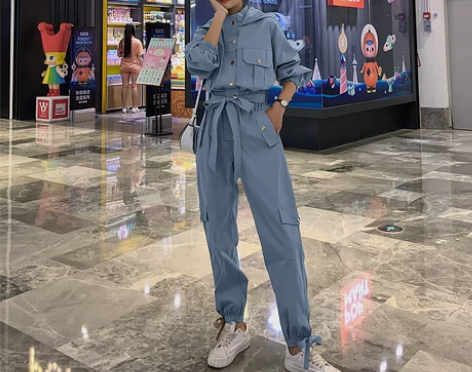 连体裤女2019新款春秋装显瘦连帽工装套装...