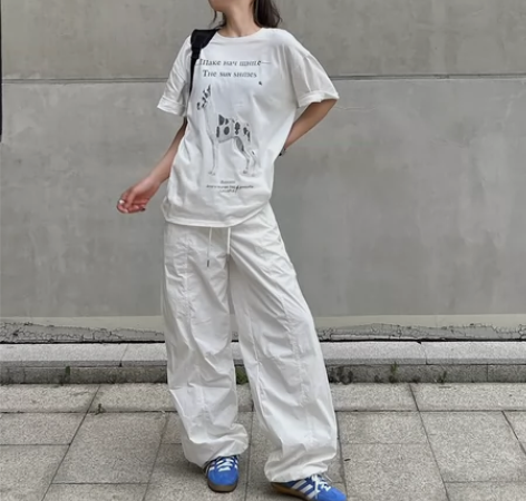 MySugarBabe白色伞兵裤女夏季束脚...