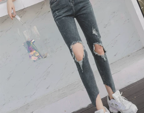 烂牛仔裤女破洞潮显瘦高腰紧身chic乞丐裤...