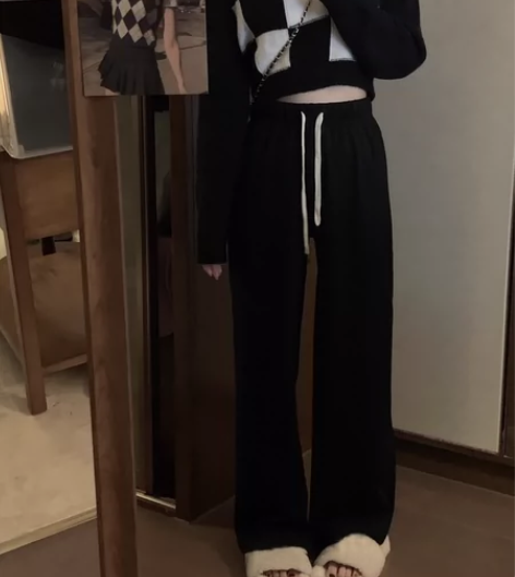 奶白色软糯休闲裤女高腰垂感拖地长裤春季小个...