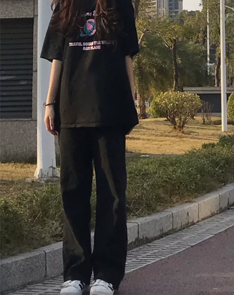 长裤高腰黑色牛仔裤女宽松阔腿高腰垂感拖地韩...