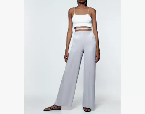 ZARATRF 女装 丝缎质感高腰长裤 3...