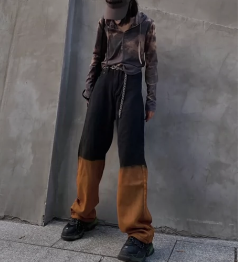 春夏季新款橘色半截扎染牛仔裤女复古高街直筒...