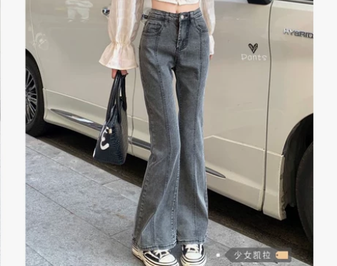 辣妹高腰显瘦微喇叭牛仔裤女装夏季美式设计感...