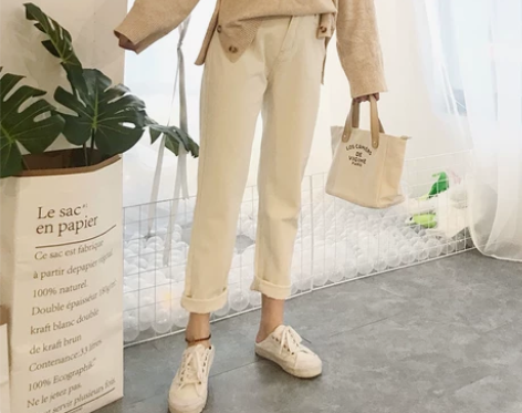 米白色直筒裤女长裤2019新款阔腿裤宽松老...