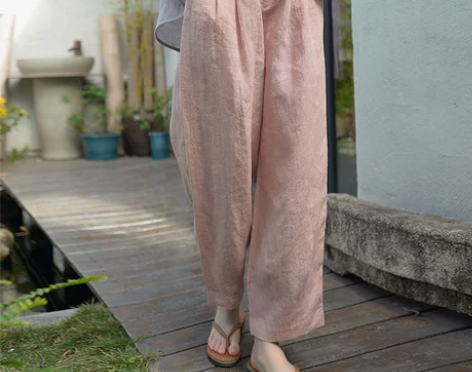 柒白文艺砂洗亚麻阔腿萝卜裤女2023新款