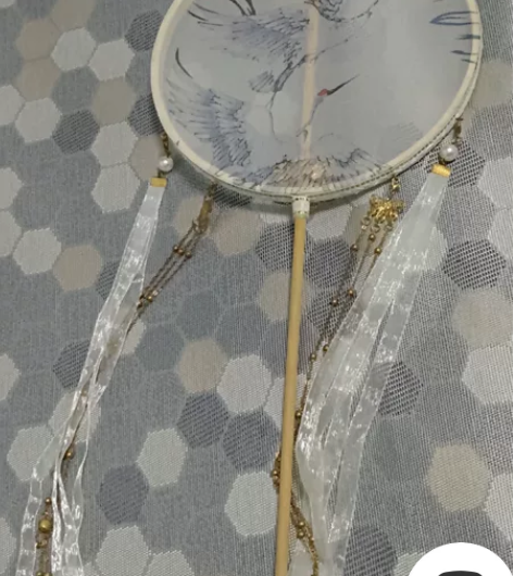 仙鹤白【带飘带流苏银】 古风长柄团扇舞蹈扇...