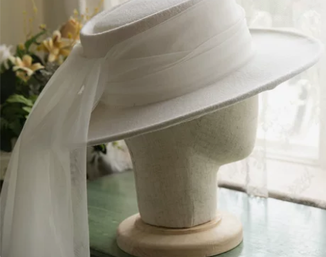 2020新品法式礼帽头纱 复古羊毛呢优雅白...