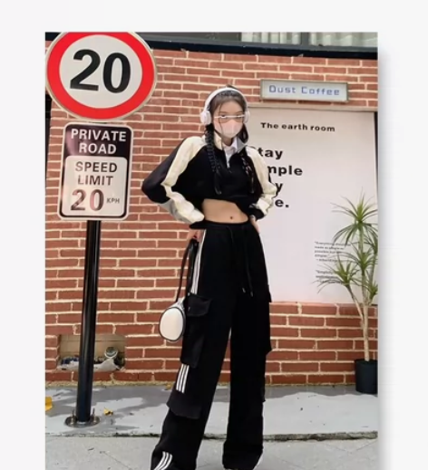 HLOU高腰直筒工装裤女2022年新款秋冬...