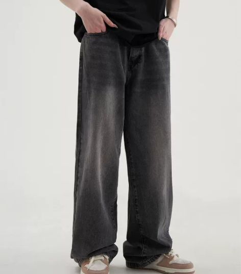牛仔裤MADSHED烟灰色松紧腰男宽松直筒...