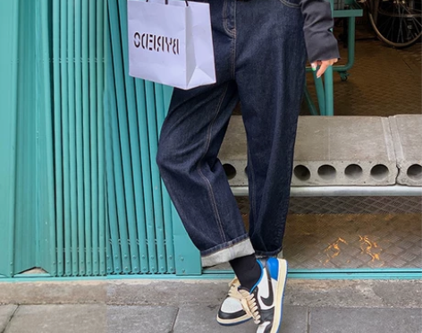 深蓝色牛仔裤女秋冬大码胖mm宽松老爹裤梨形...