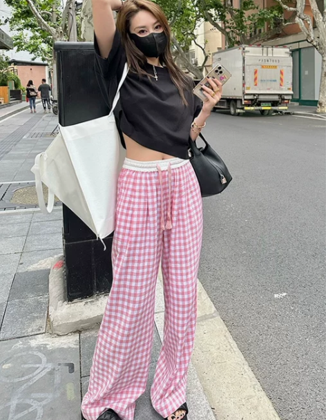 tingtings 慵懒加持粉色格子阔腿裤...