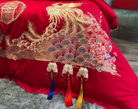 思家染坊。高档婚房大红色刺绣婚庆床品喜被四...