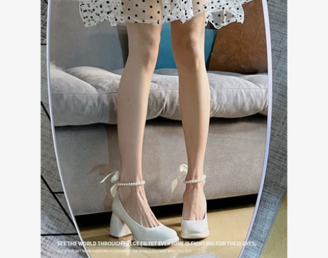 春秋仙女风法式珍珠方头防水台高跟鞋女粗跟单...