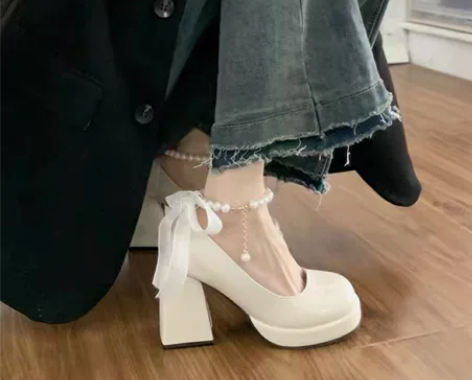 玛丽珍女鞋蝴蝶结珍珠小个子厚底高跟白色单鞋...