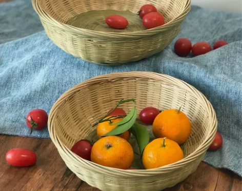 竹编竹篮子竹筐带底座家用水果篮果盘手工竹制...