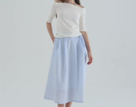 Mouti海岛夏日高腰条纹半身裙夏小众设计...