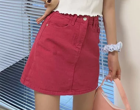 （一套包邮）火龙果色牛仔短裙女夏季学生高腰...