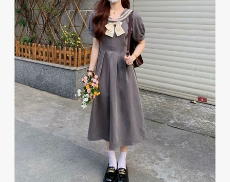 小仙女学院风复古灰色海军领连衣裙夏季文艺气...