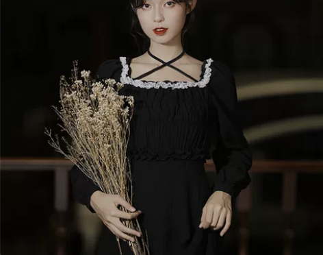 仙女裙子秋季法式复古小黑裙方领绑带木耳花边...