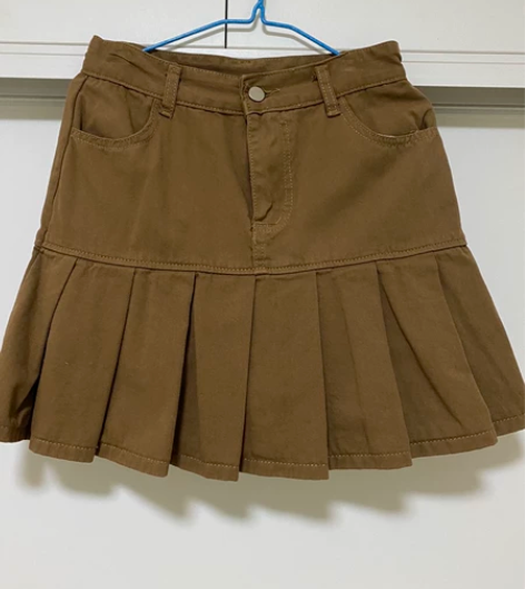 卡其百褶裙女高腰牛仔半身裙防走光显瘦遮肉a...